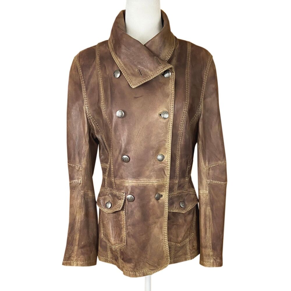 Vintage Y2K True Religion Size L Double Breasted Brown Distressed Leather Jacket